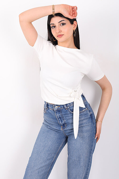 Yandan Bağlamalı Bisiklet Yaka Beyaz Kadın Bluz - 3