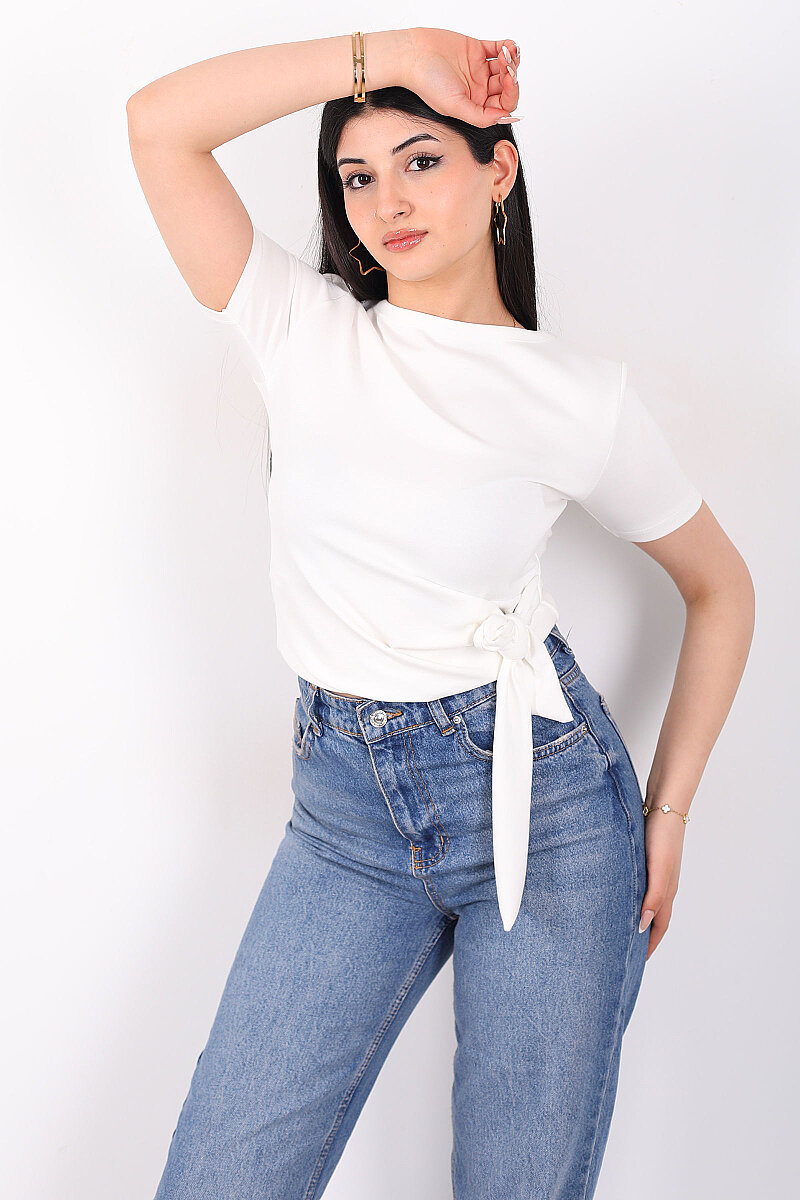 Yandan Bağlamalı Bisiklet Yaka Beyaz Kadın Bluz - 3