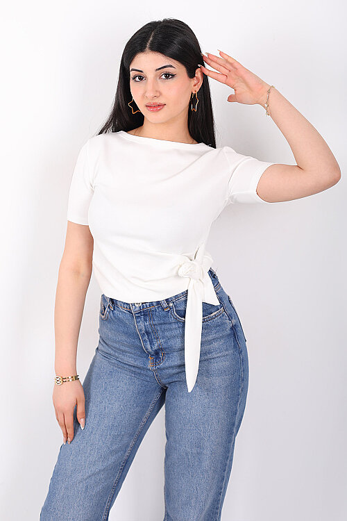 Yandan Bağlamalı Bisiklet Yaka Beyaz Kadın Bluz - Berox