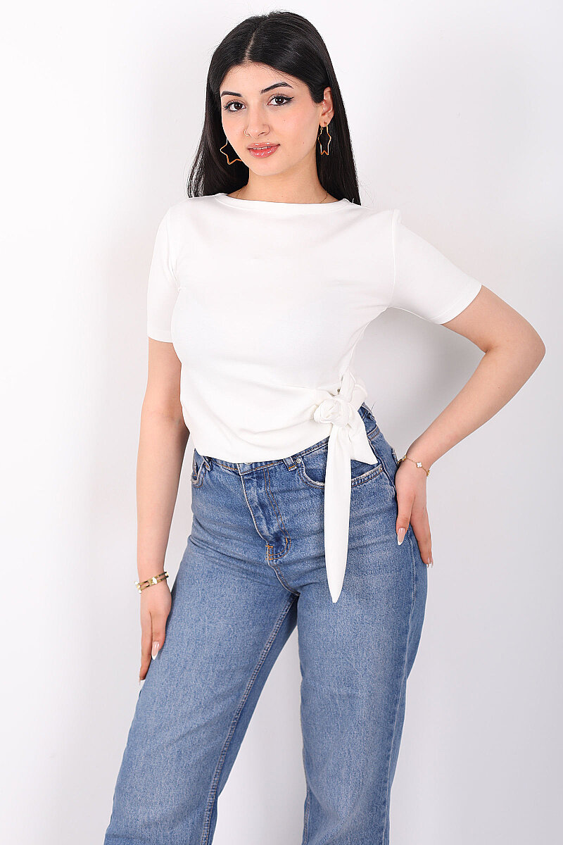 Yandan Bağlamalı Bisiklet Yaka Beyaz Kadın Bluz - 5