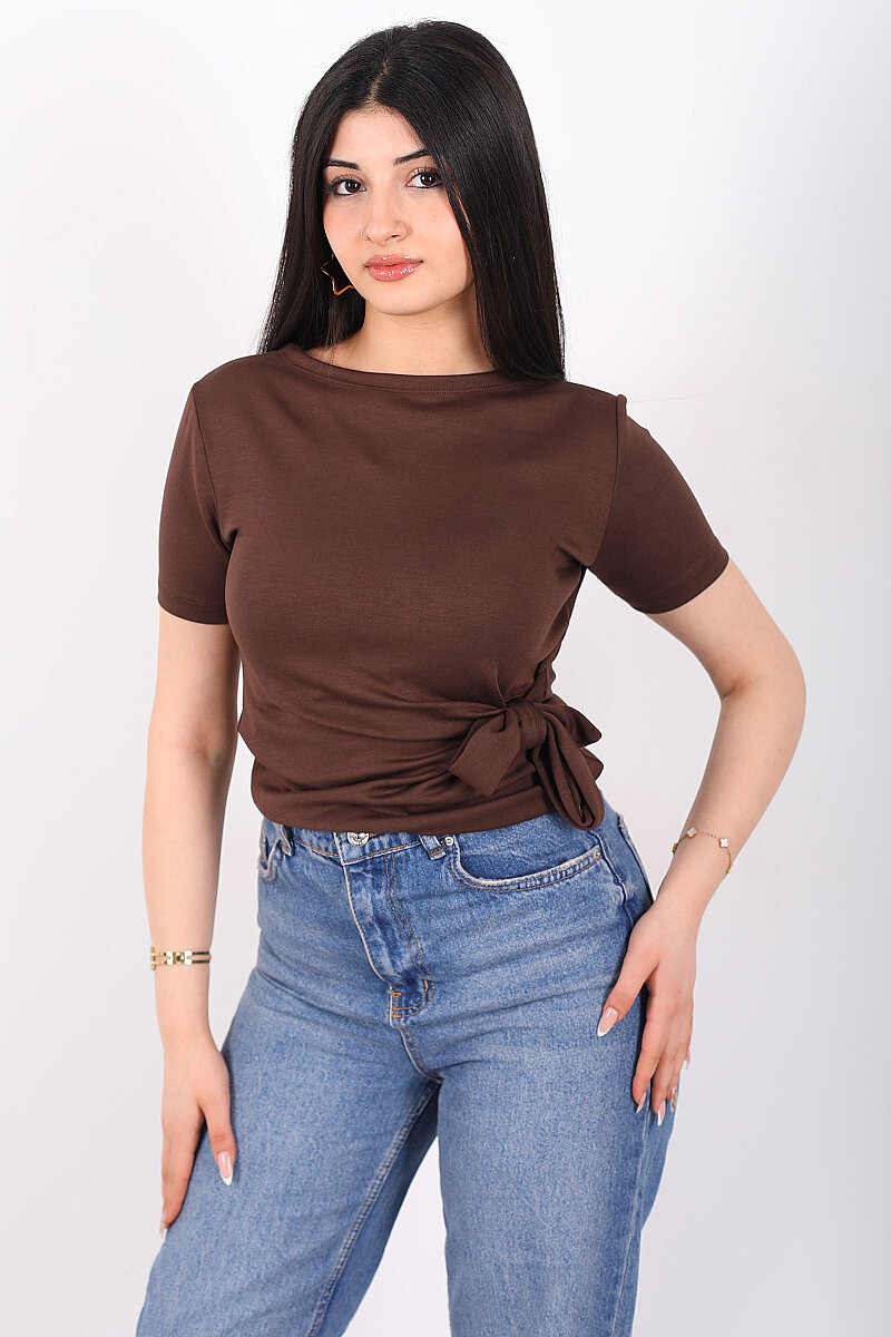 Yandan Bağlamalı Bisiklet Yaka Kahverengi Kadın Bluz - 5