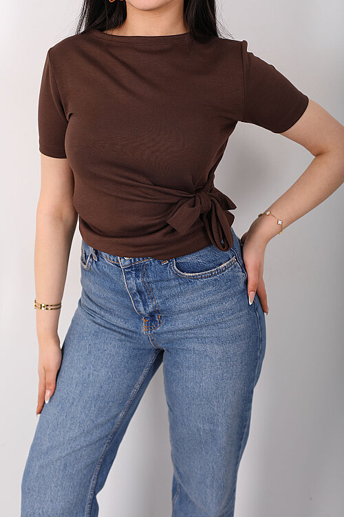 Yandan Bağlamalı Bisiklet Yaka Kahverengi Kadın Bluz - Berox (1)