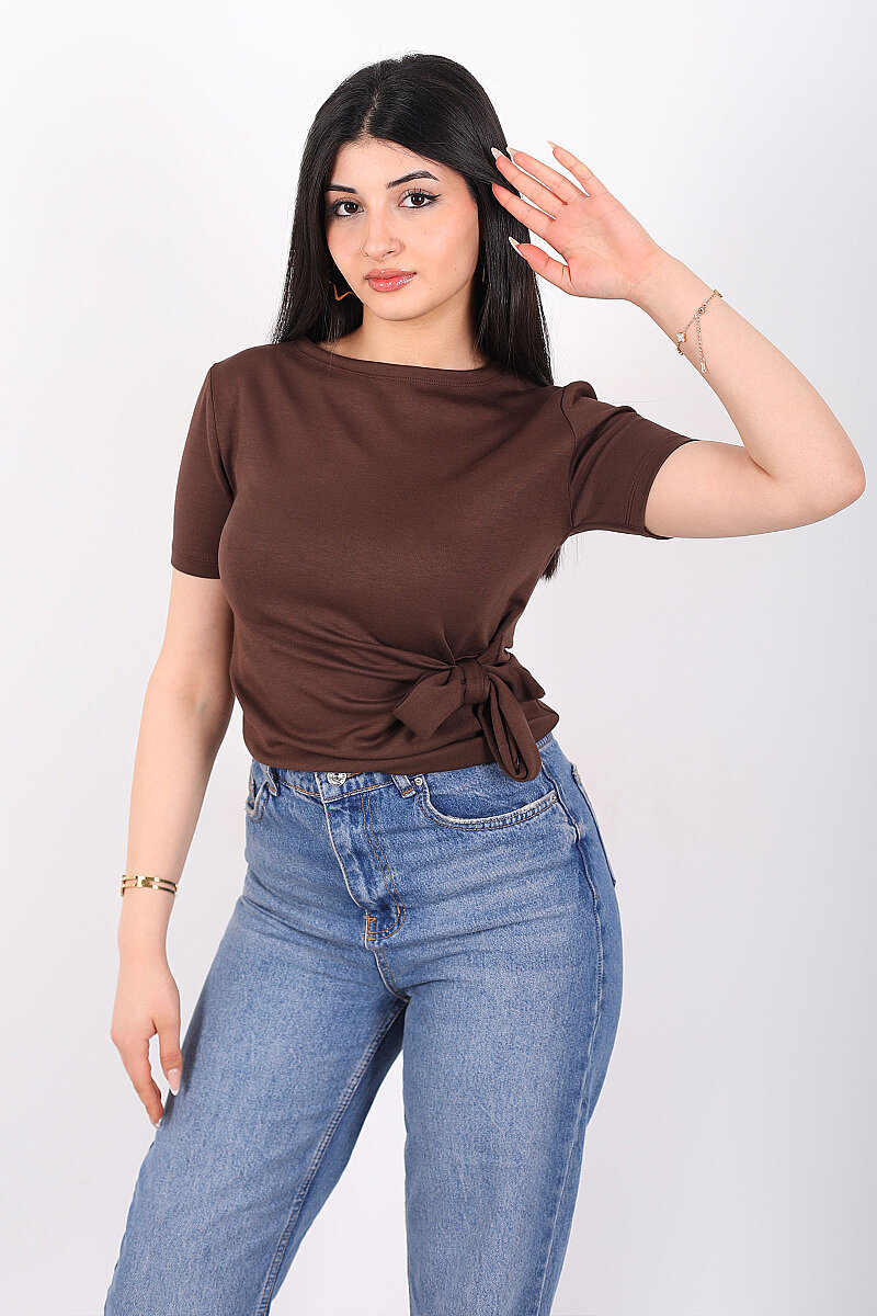 Yandan Bağlamalı Bisiklet Yaka Kahverengi Kadın Bluz - 1