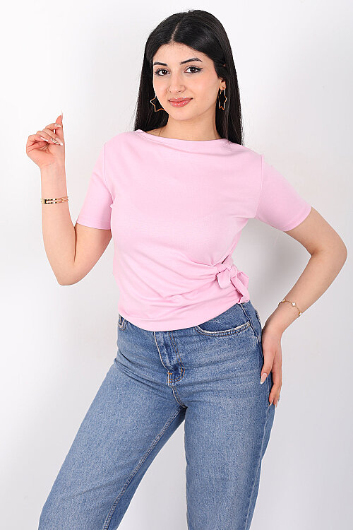 Yandan Bağlamalı Bisiklet Yaka Pembe Kadın Bluz - Berox