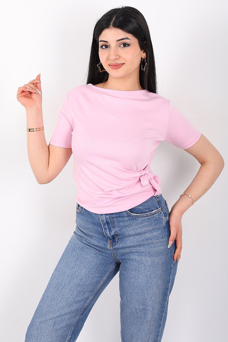 Yandan Bağlamalı Bisiklet Yaka Pembe Kadın Bluz - 1