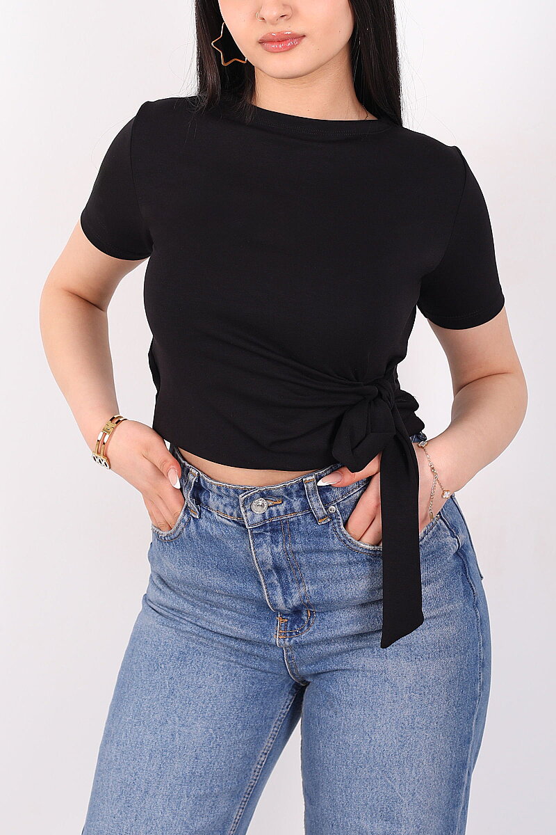 Yandan Bağlamalı Bisiklet Yaka Siyah Kadın Bluz - 2