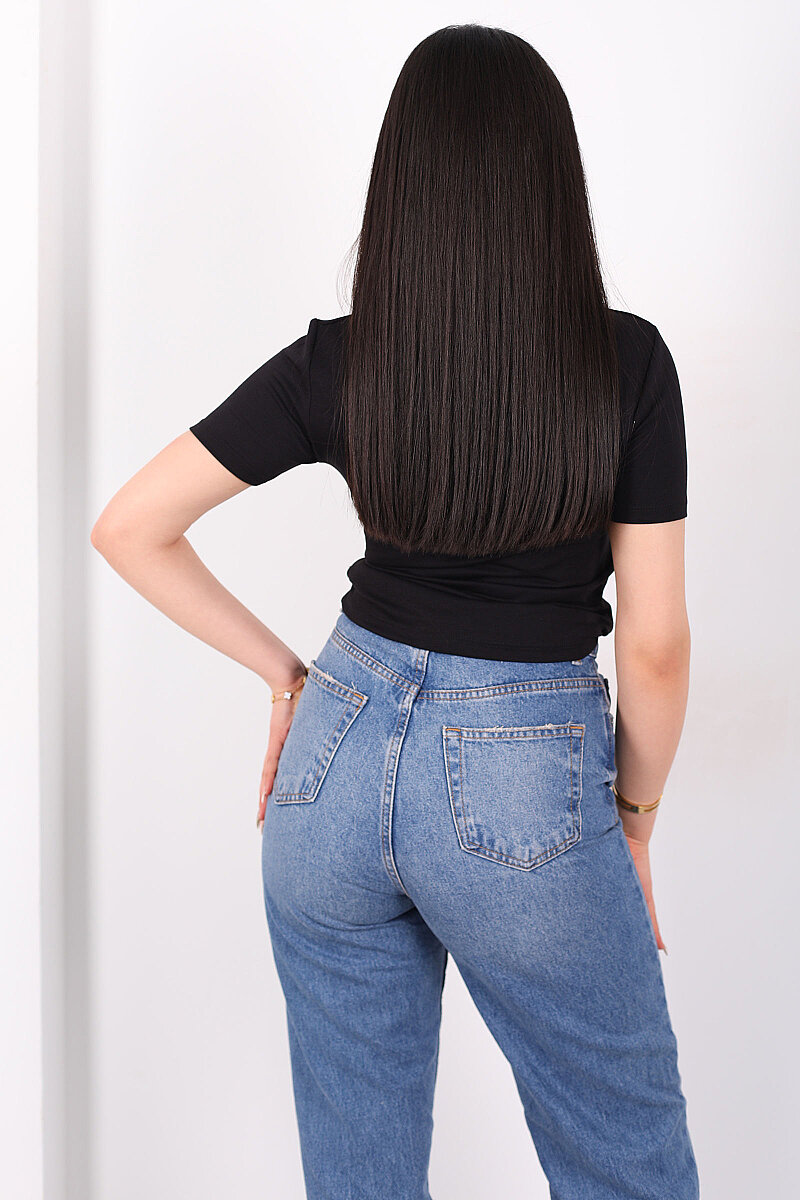 Yandan Bağlamalı Bisiklet Yaka Siyah Kadın Bluz - 5