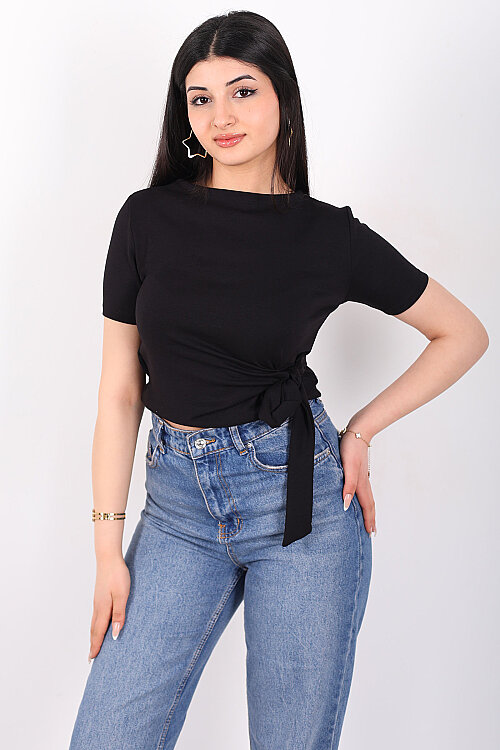 Yandan Bağlamalı Bisiklet Yaka Siyah Kadın Bluz - 6