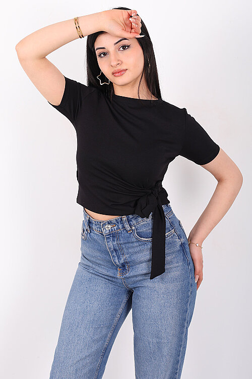 Yandan Bağlamalı Bisiklet Yaka Siyah Kadın Bluz - 4