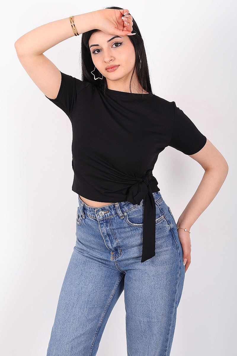 Yandan Bağlamalı Bisiklet Yaka Siyah Kadın Bluz - 4