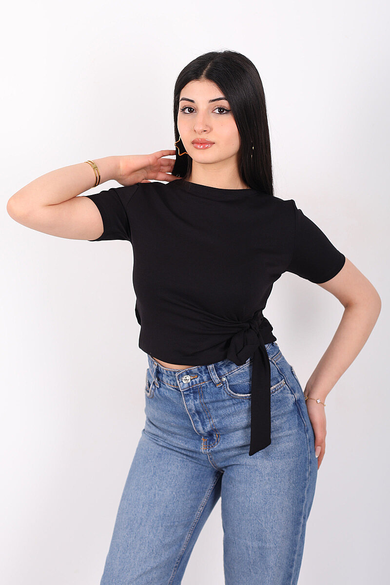 Yandan Bağlamalı Bisiklet Yaka Siyah Kadın Bluz - 1