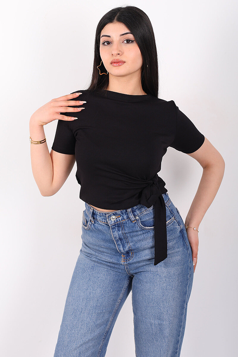 Yandan Bağlamalı Bisiklet Yaka Siyah Kadın Bluz - 3