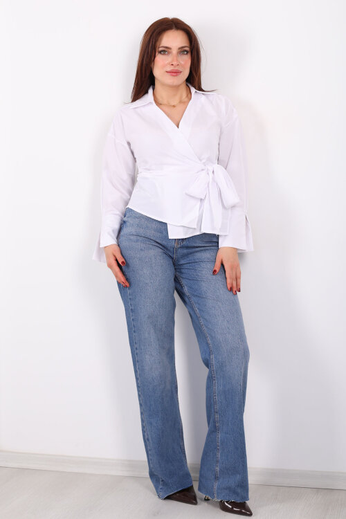 Yandan Bağlamalı Kruvaze Yaka Beyaz Kadın Gömlek - 4