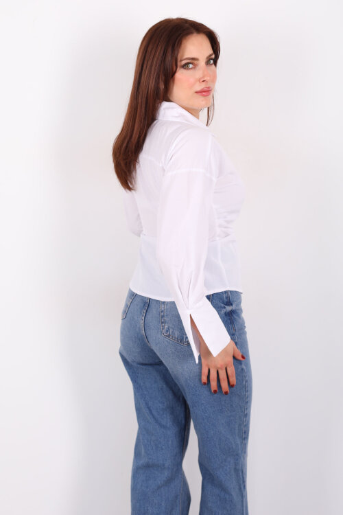 Yandan Bağlamalı Kruvaze Yaka Beyaz Kadın Gömlek - 5