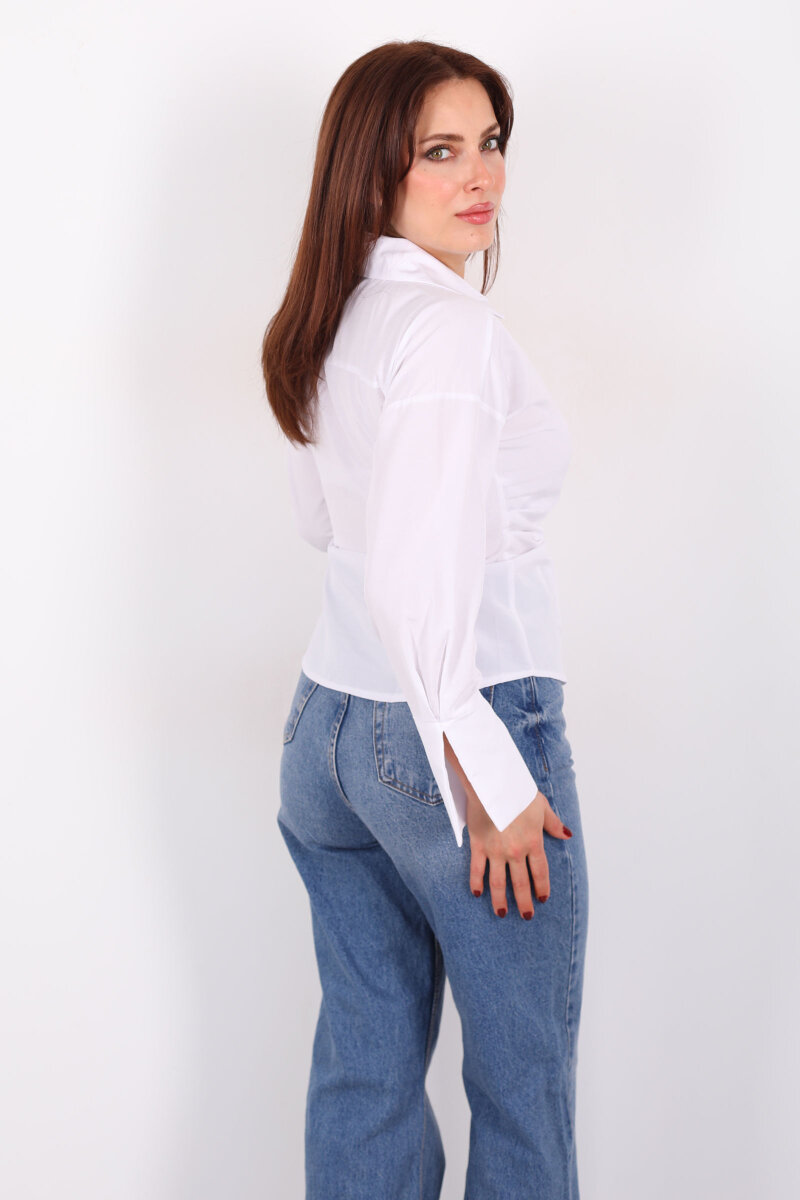 Yandan Bağlamalı Kruvaze Yaka Beyaz Kadın Gömlek - 5