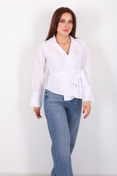 Yandan Bağlamalı Kruvaze Yaka Beyaz Kadın Gömlek - 6