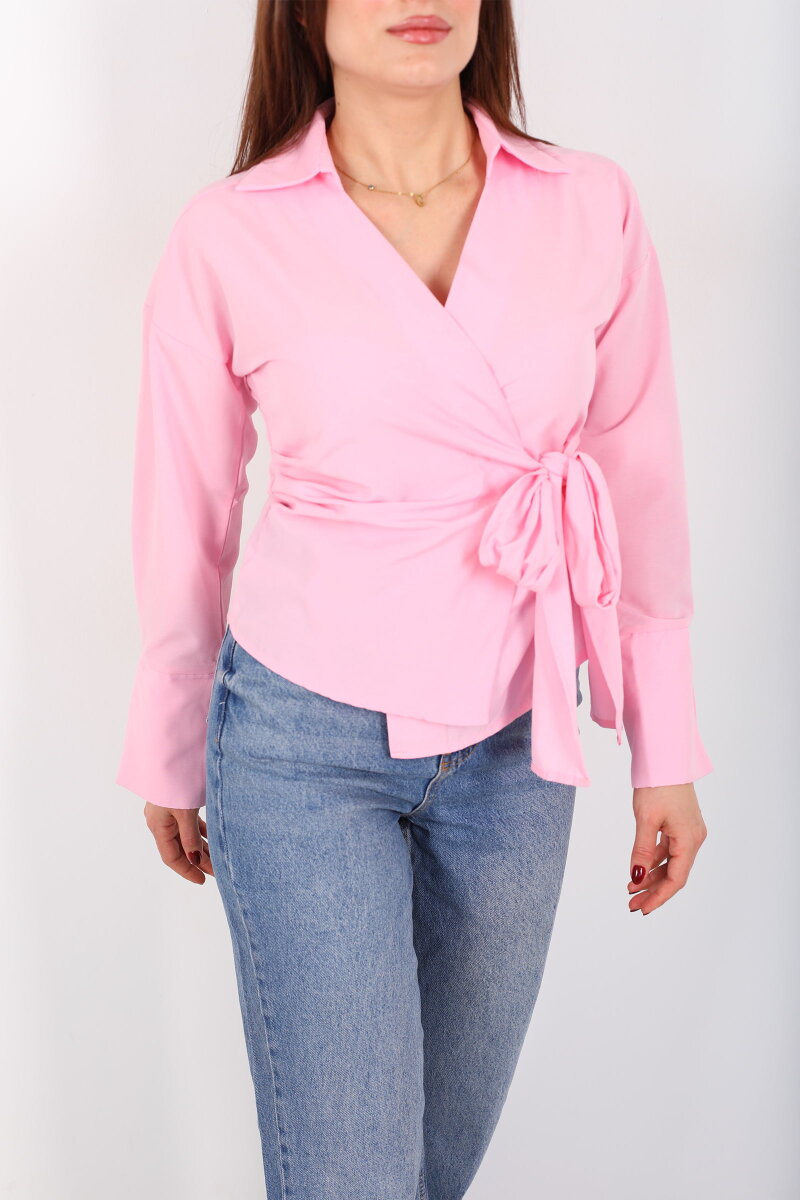 Yandan Bağlamalı Kruvaze Yaka Pembe Kadın Gömlek - 2