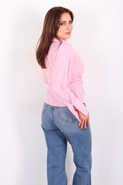 Yandan Bağlamalı Kruvaze Yaka Pembe Kadın Gömlek - 5