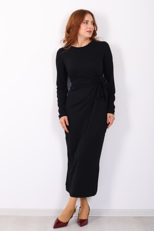 Yandan Bağlamalı Siyah Kadın Modal Maxi Elbise - 5
