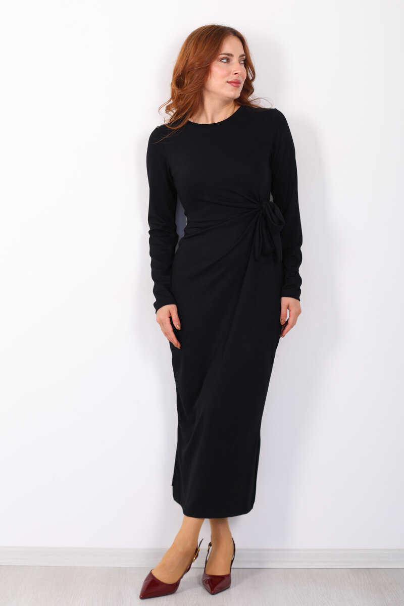 Yandan Bağlamalı Siyah Kadın Modal Maxi Elbise - 5