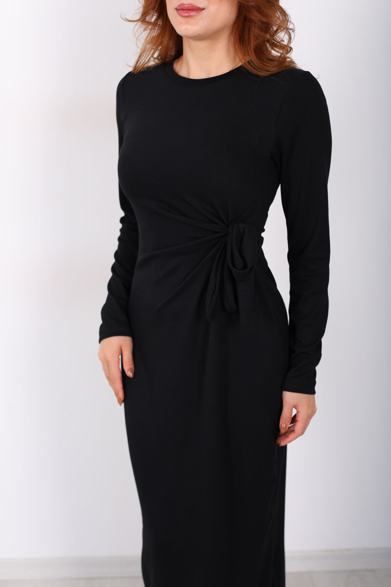 Yandan Bağlamalı Siyah Kadın Modal Maxi Elbise - 2