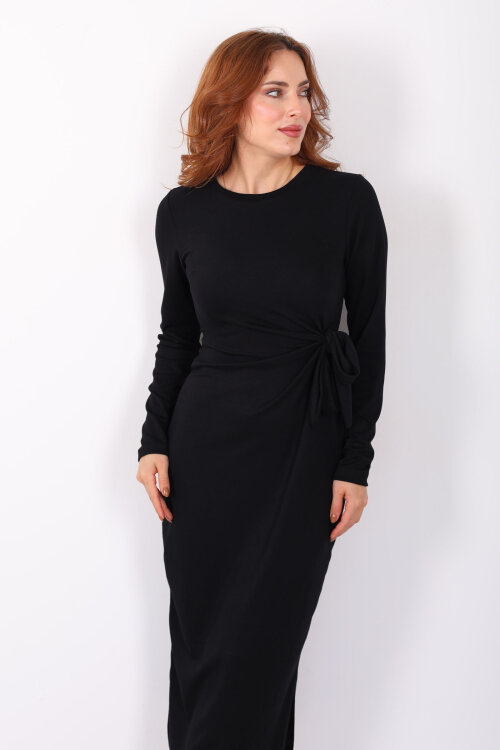 Yandan Bağlamalı Siyah Kadın Modal Maxi Elbise - Berox