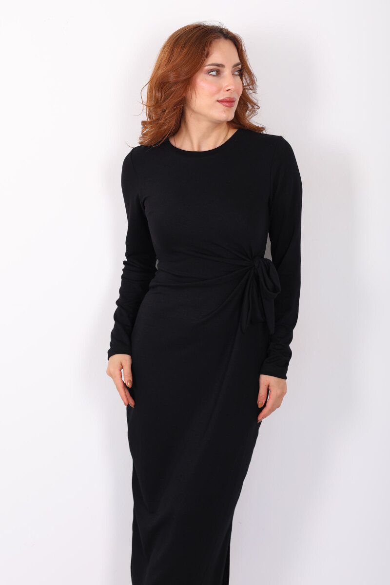 Yandan Bağlamalı Siyah Kadın Modal Maxi Elbise - 1