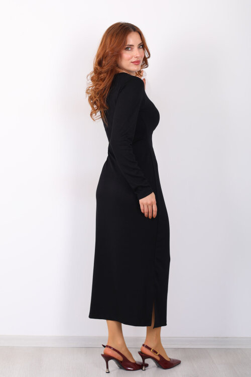 Yandan Bağlamalı Siyah Kadın Modal Maxi Elbise - 6