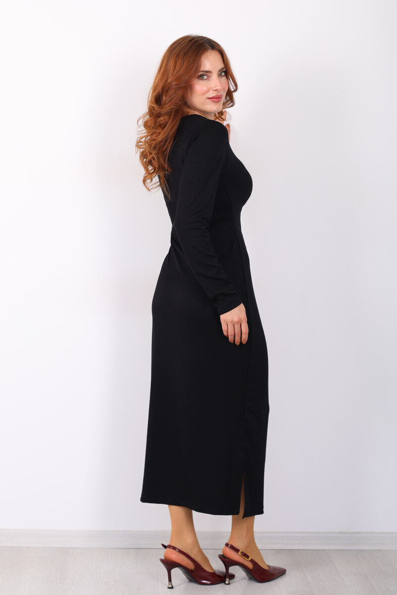 Yandan Bağlamalı Siyah Kadın Modal Maxi Elbise - 6