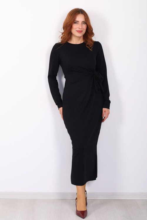 Yandan Bağlamalı Siyah Kadın Modal Maxi Elbise - 3