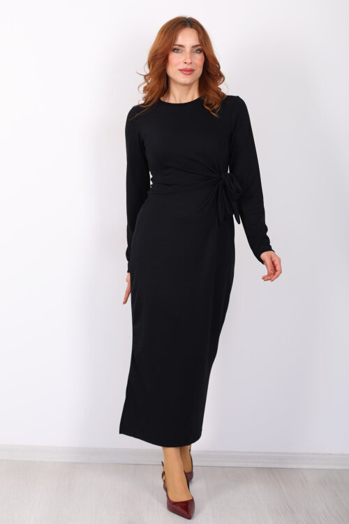 Yandan Bağlamalı Siyah Kadın Modal Maxi Elbise - 7