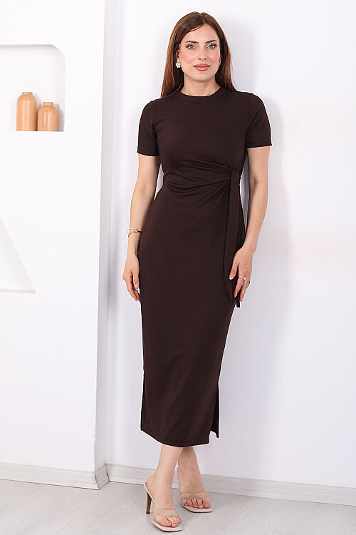 Yandan Bağlamalı Yırtmaçlı Midi Acı Kahve Kadın Elbise - 4