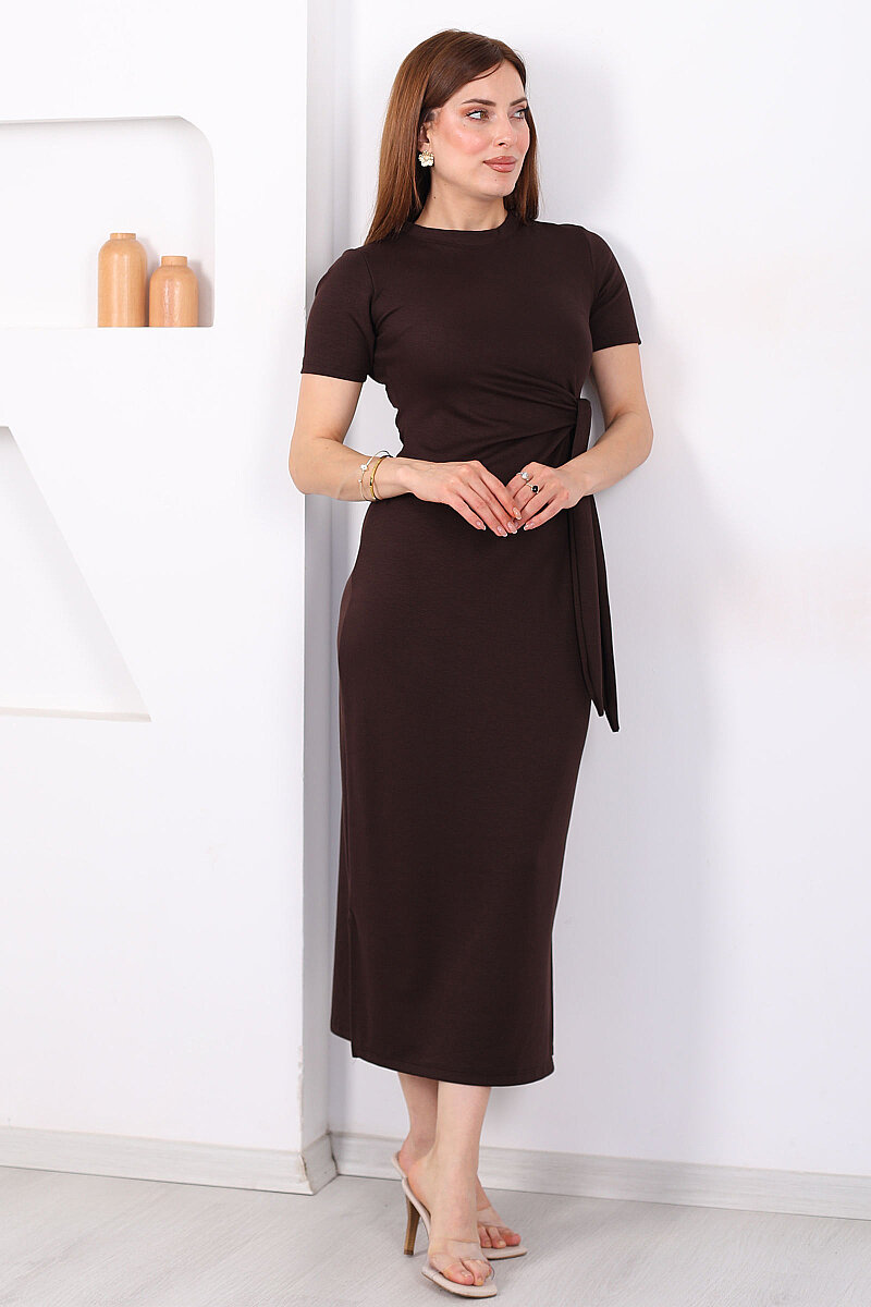 Yandan Bağlamalı Yırtmaçlı Midi Acı Kahve Kadın Elbise - 1