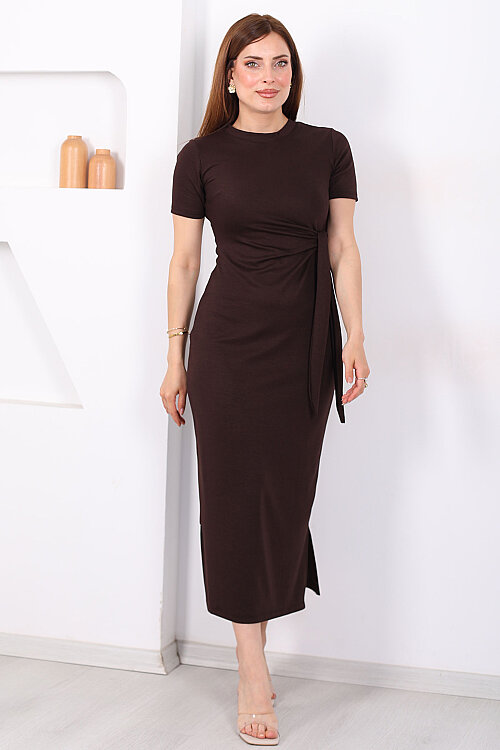 Yandan Bağlamalı Yırtmaçlı Midi Acı Kahve Kadın Elbise - 7