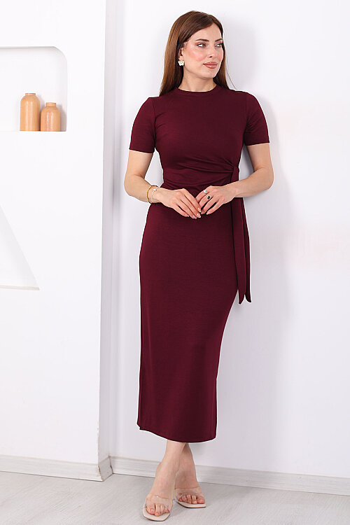 Yandan Bağlamalı Yırtmaçlı Midi Bordo Kadın Elbise - 3