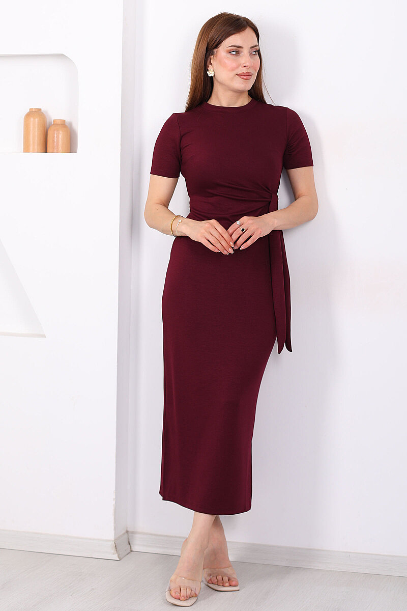 Yandan Bağlamalı Yırtmaçlı Midi Bordo Kadın Elbise - 3