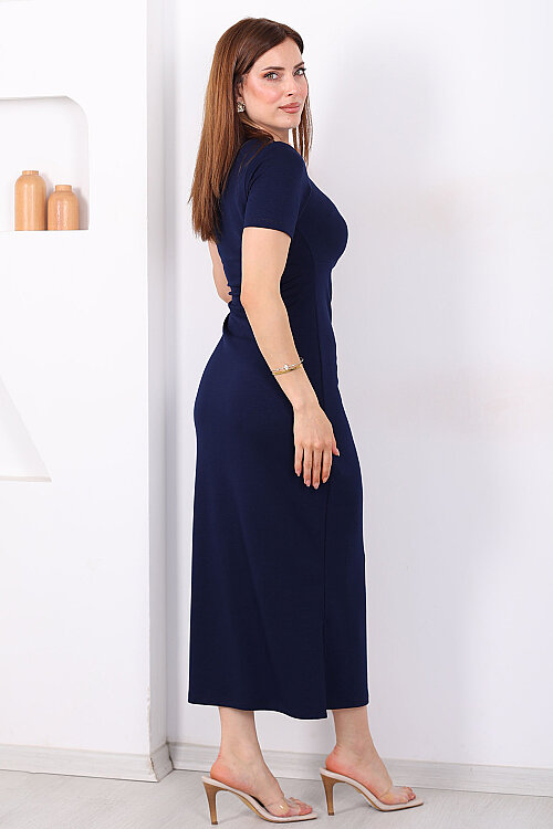 Yandan Bağlamalı Yırtmaçlı Midi Lacivert Kadın Elbise - 6