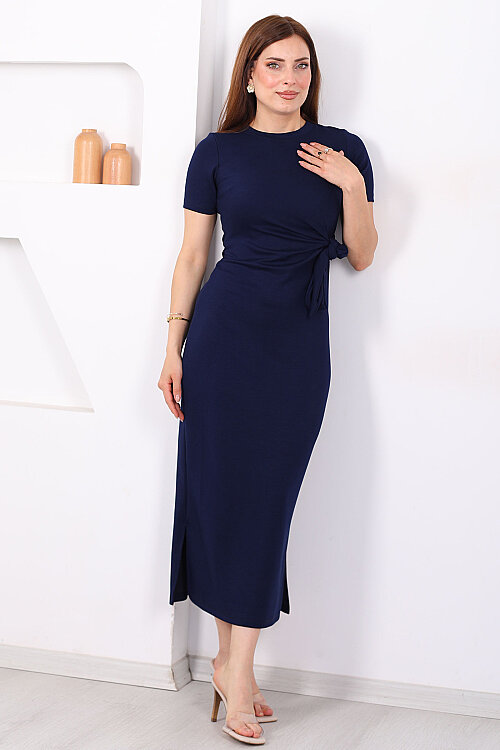Yandan Bağlamalı Yırtmaçlı Midi Lacivert Kadın Elbise - 3