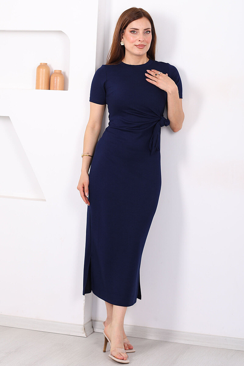 Yandan Bağlamalı Yırtmaçlı Midi Lacivert Kadın Elbise - 3