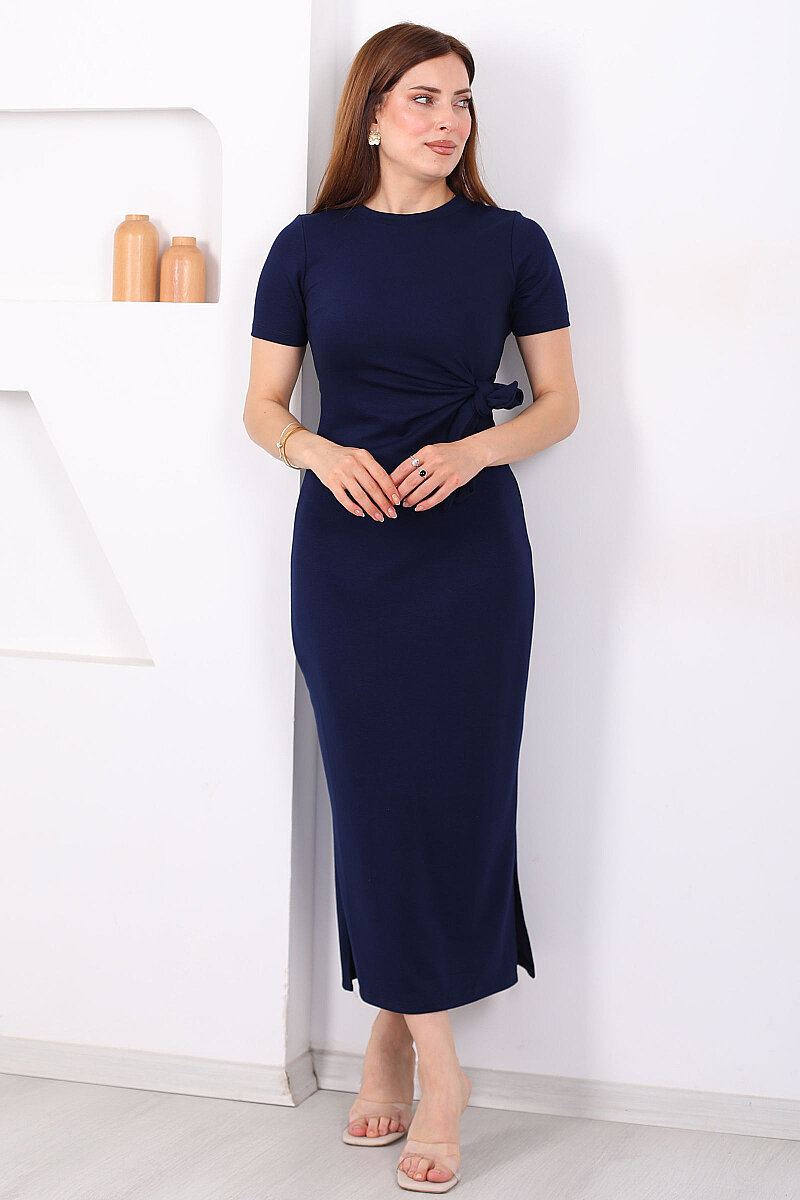 Yandan Bağlamalı Yırtmaçlı Midi Lacivert Kadın Elbise - 5