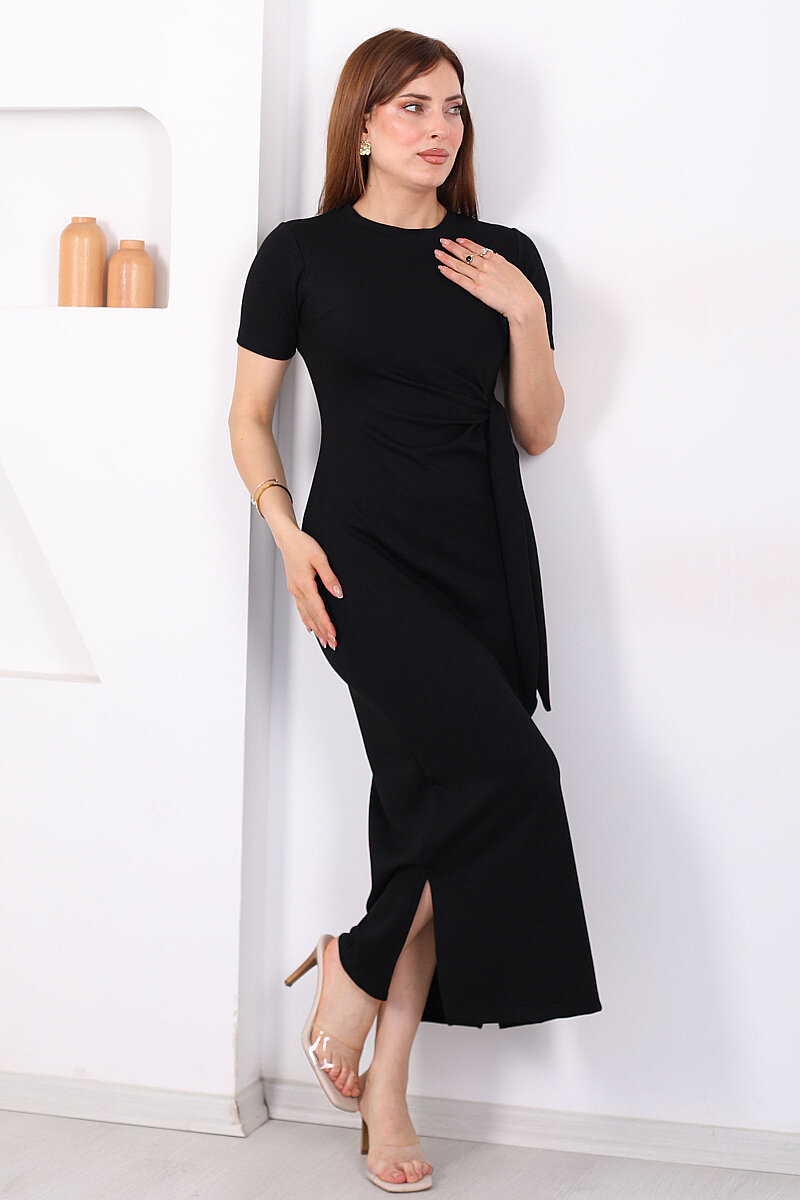 Yandan Bağlamalı Yırtmaçlı Midi Siyah Kadın Elbise - 6