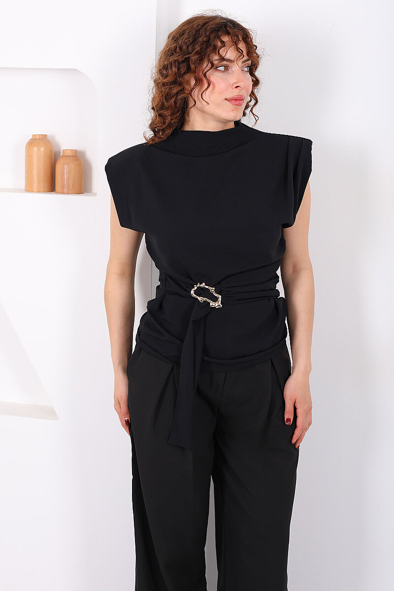 Yandan Kemerli Sırtı Fermuarlı Siyah Kadın Vatkalı Bluz - 6