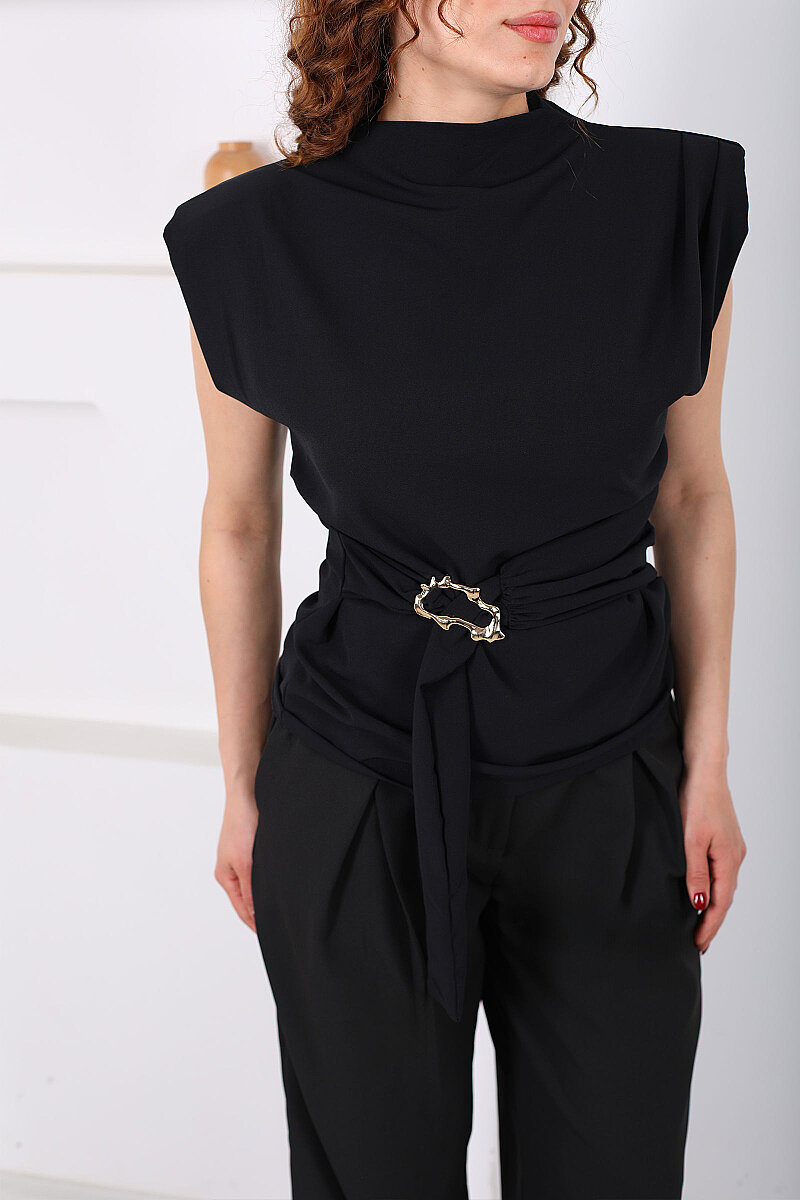 Yandan Kemerli Sırtı Fermuarlı Siyah Kadın Vatkalı Bluz - 2