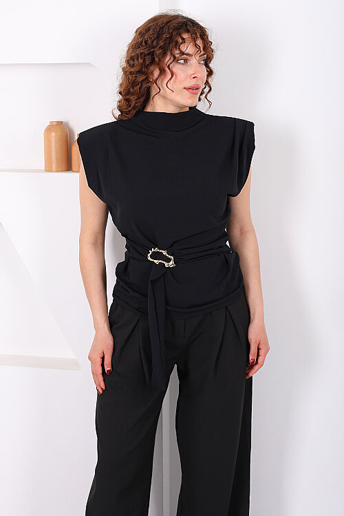 Yandan Kemerli Sırtı Fermuarlı Siyah Kadın Vatkalı Bluz - 3