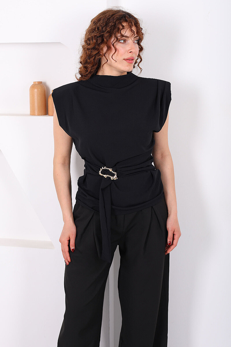 Yandan Kemerli Sırtı Fermuarlı Siyah Kadın Vatkalı Bluz - 3