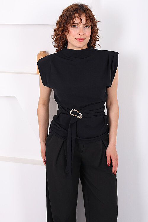 Yandan Kemerli Sırtı Fermuarlı Siyah Kadın Vatkalı Bluz - 4