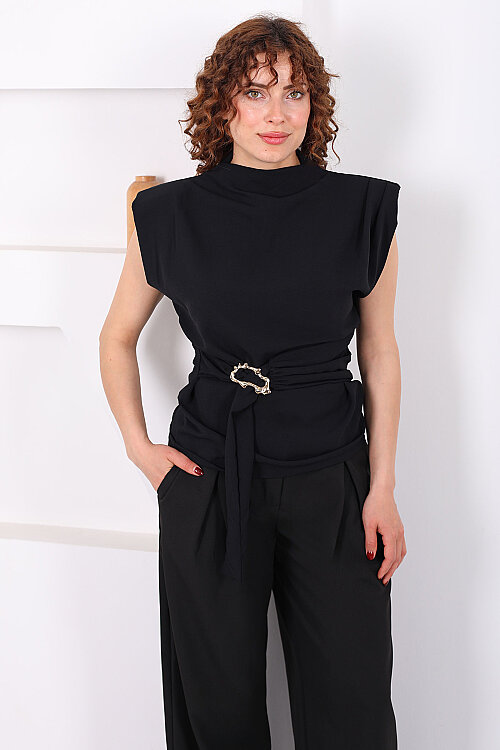 Yandan Kemerli Sırtı Fermuarlı Siyah Kadın Vatkalı Bluz - Berox