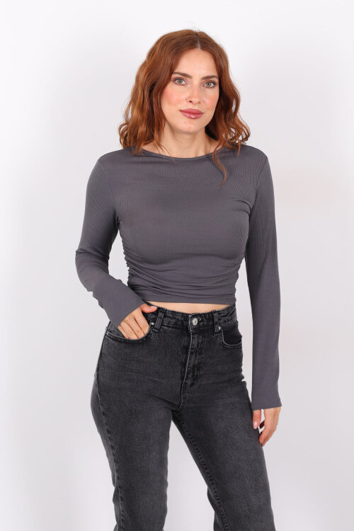 Yanı Büzgülü Antrasit Kadın Bluz - 3