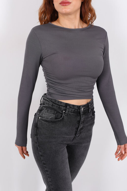 Yanı Büzgülü Antrasit Kadın Bluz - Berox (1)