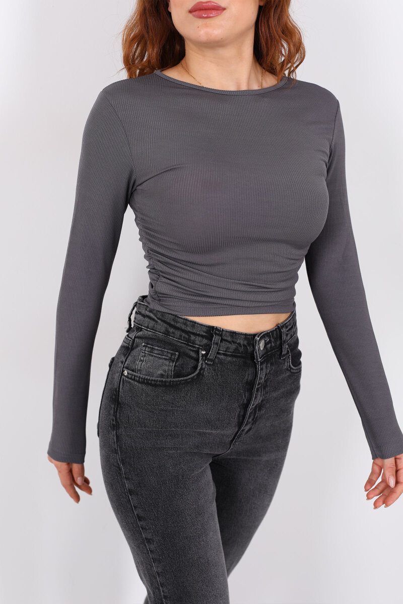 Yanı Büzgülü Antrasit Kadın Bluz - 2